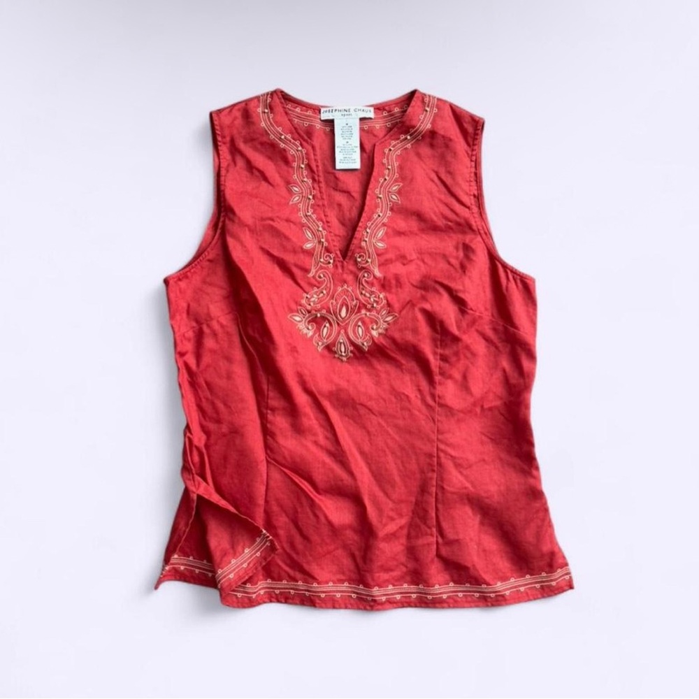 Vintage Josephine Chaus Linen Embroidered Beaded Top Burnt Orange Size 14